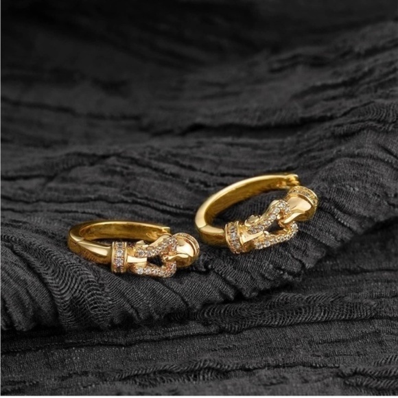 Gold 14k Gold Plated Cubic Zirconia Buckle Hoop Earrings - Picture 2 of 2